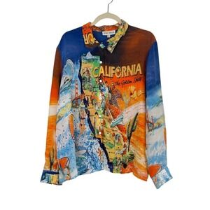 Nicole Taylor Vintage Silk Button Up Top California Artsy Bead Colorful Size 1X